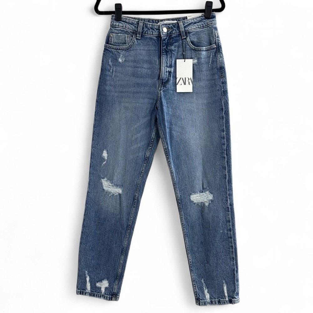 NEW Zara Mom Fit High Rise Blue Denim Jeans Distressed Women's USA 6